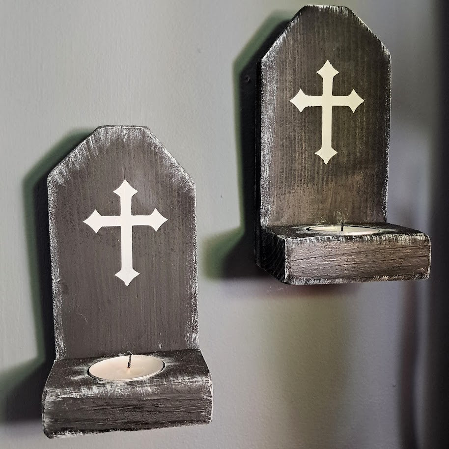 Set of 2 Halloween Tombstone Wood Candle Holders