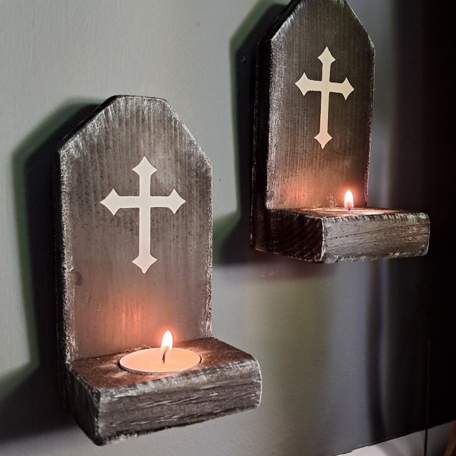 Set of 2 Halloween Tombstone Wood Candle Holders