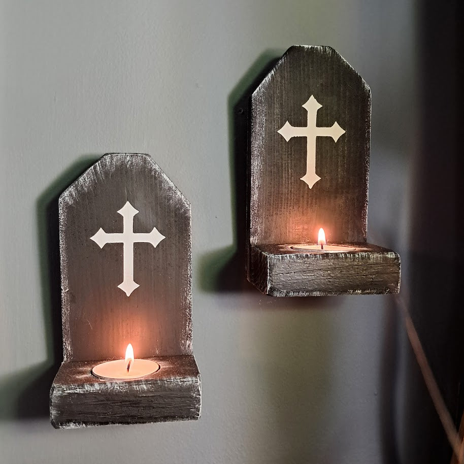 Set of 2 Halloween Tombstone Wood Candle Holders