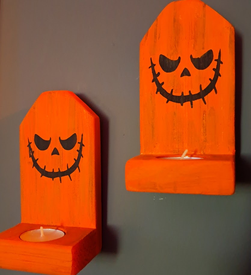 Scary Jack O Lantern Face Wood Candle Holders