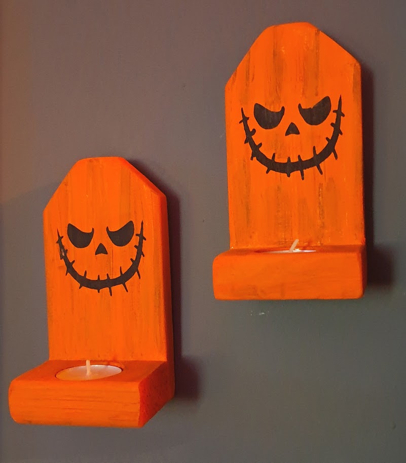 Scary Jack O Lantern Face Wood Candle Holders