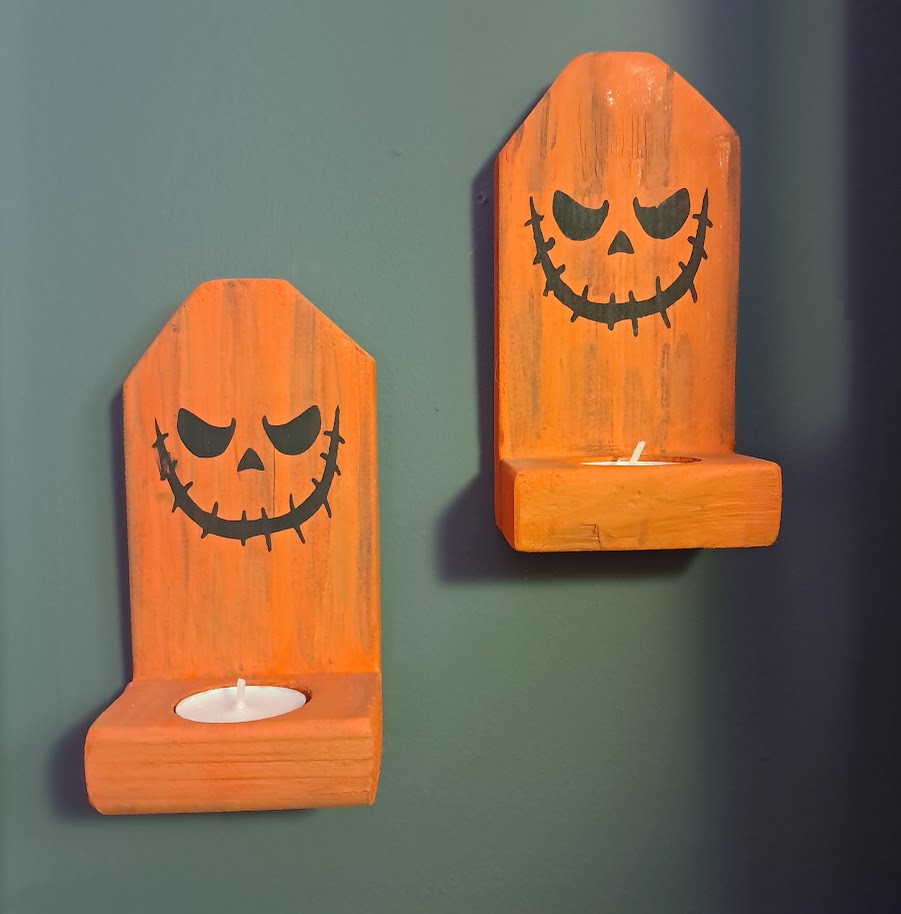 Scary Jack O Lantern Face Wood Candle Holders