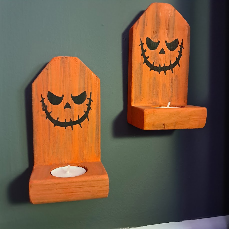 Scary Jack O Lantern Face Wood Candle Holders