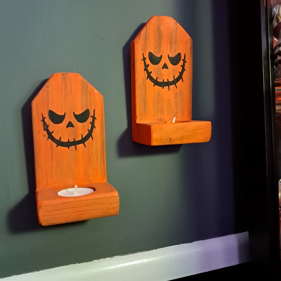 Scary Jack O Lantern Face Wood Candle Holders