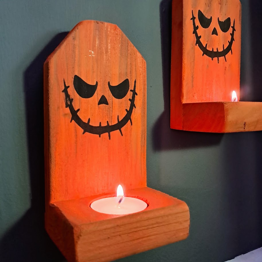 Scary Jack O Lantern Face Wood Candle Holders