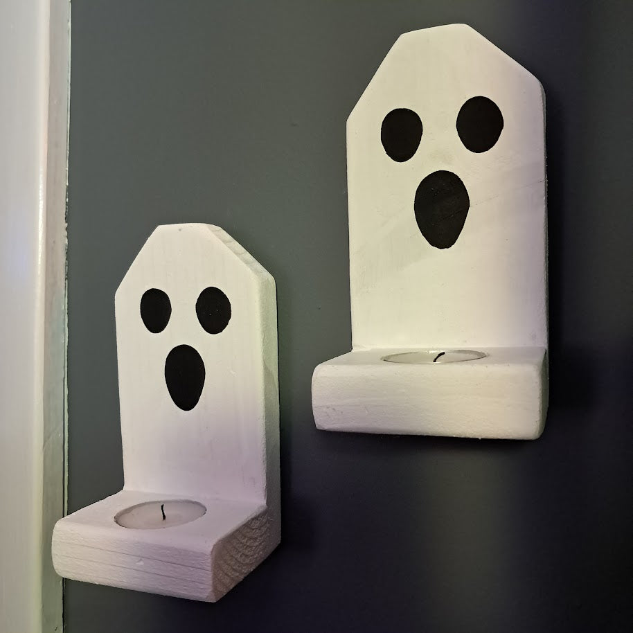 Ghost Face Farmhouse Halloween Wood Candle Holders