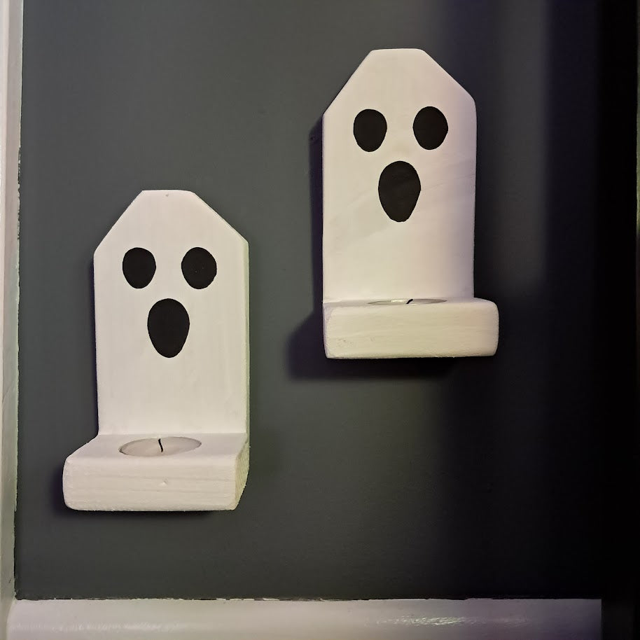 Ghost Face Farmhouse Halloween Wood Candle Holders