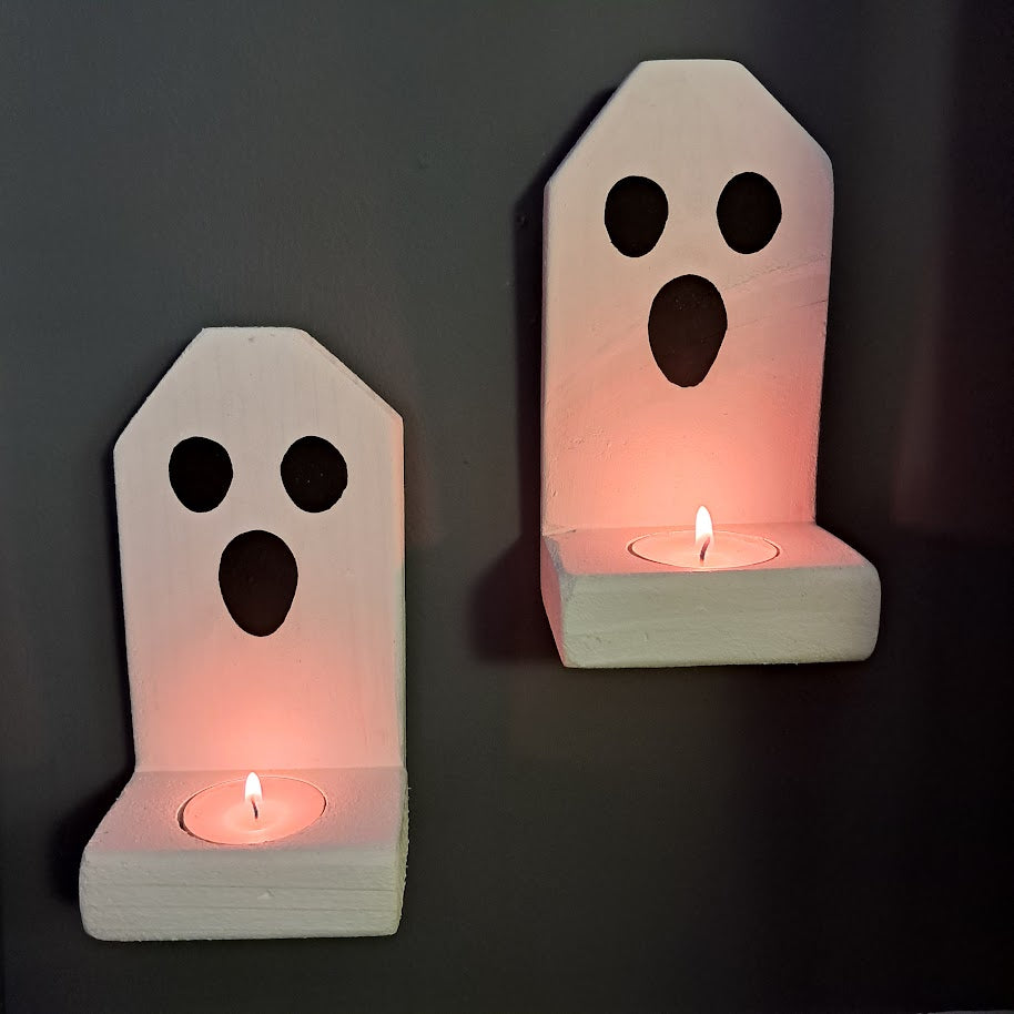 Ghost Face Farmhouse Halloween Wood Candle Holders