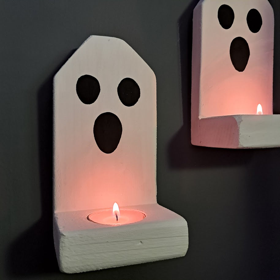 Ghost Face Farmhouse Halloween Wood Candle Holders