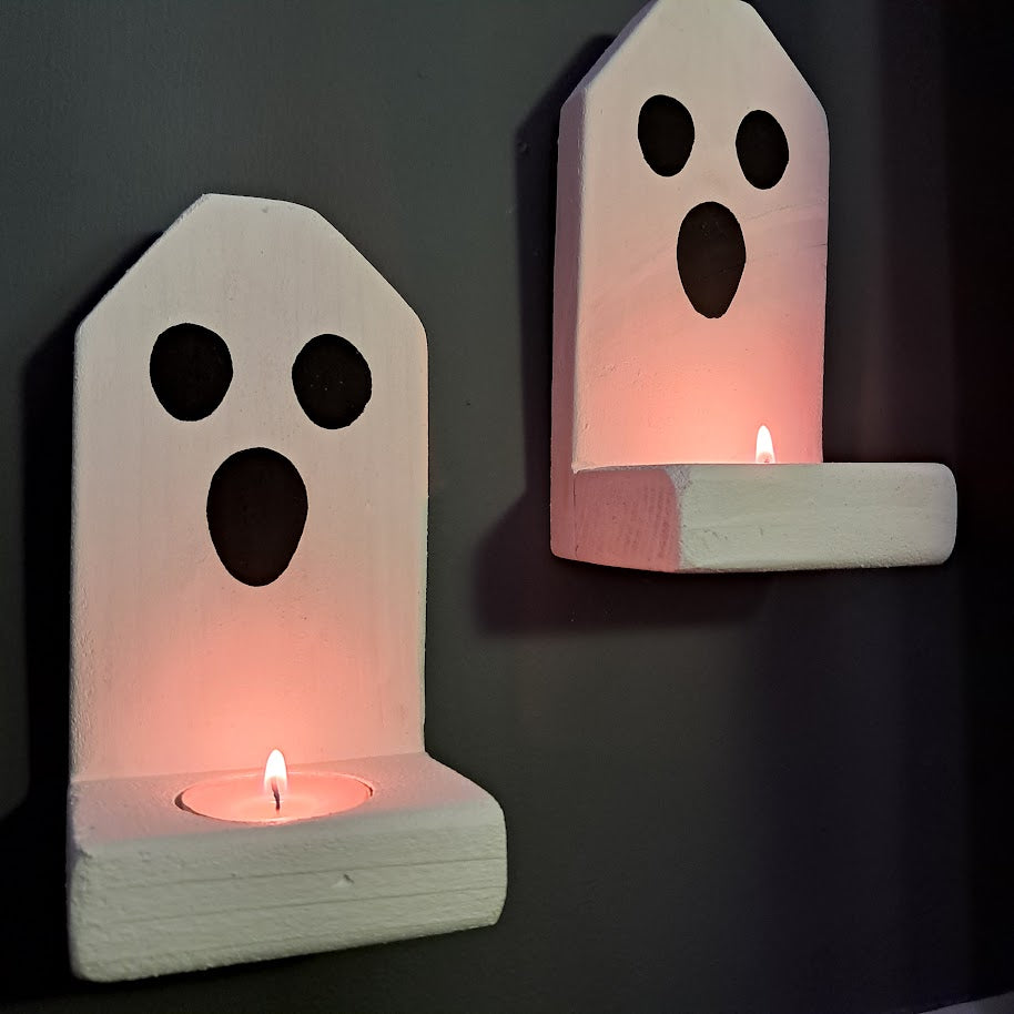 Ghost Face Farmhouse Halloween Wood Candle Holders