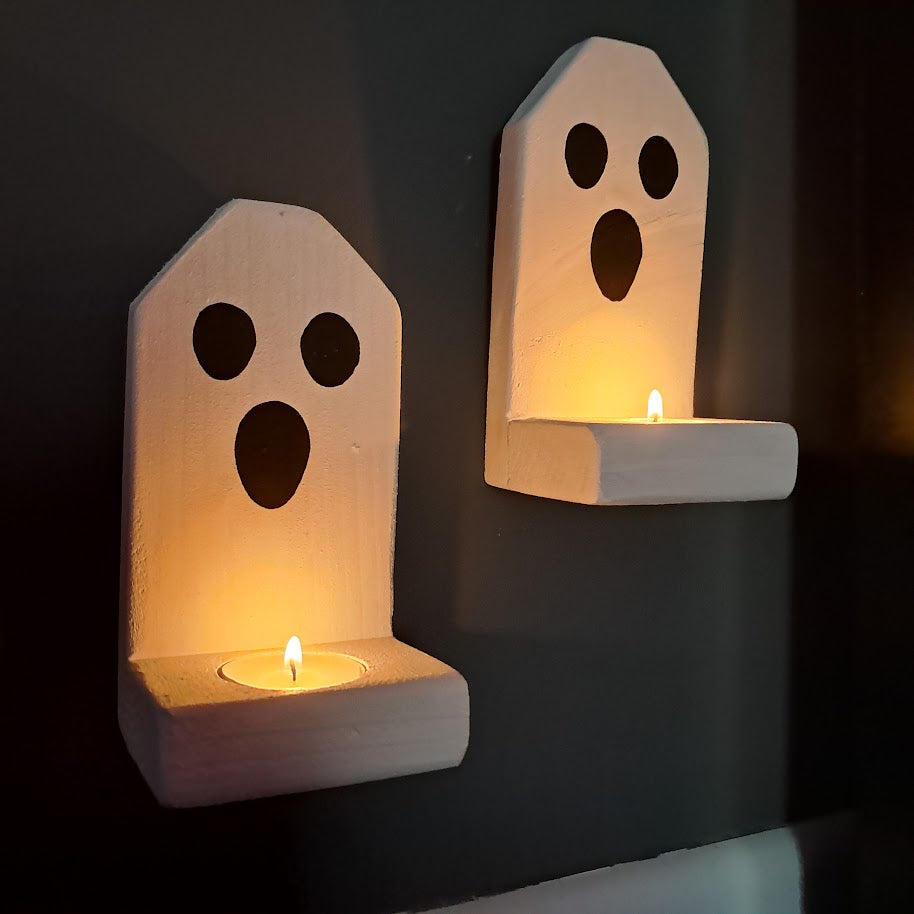 Ghost Face Farmhouse Halloween Wood Candle Holders