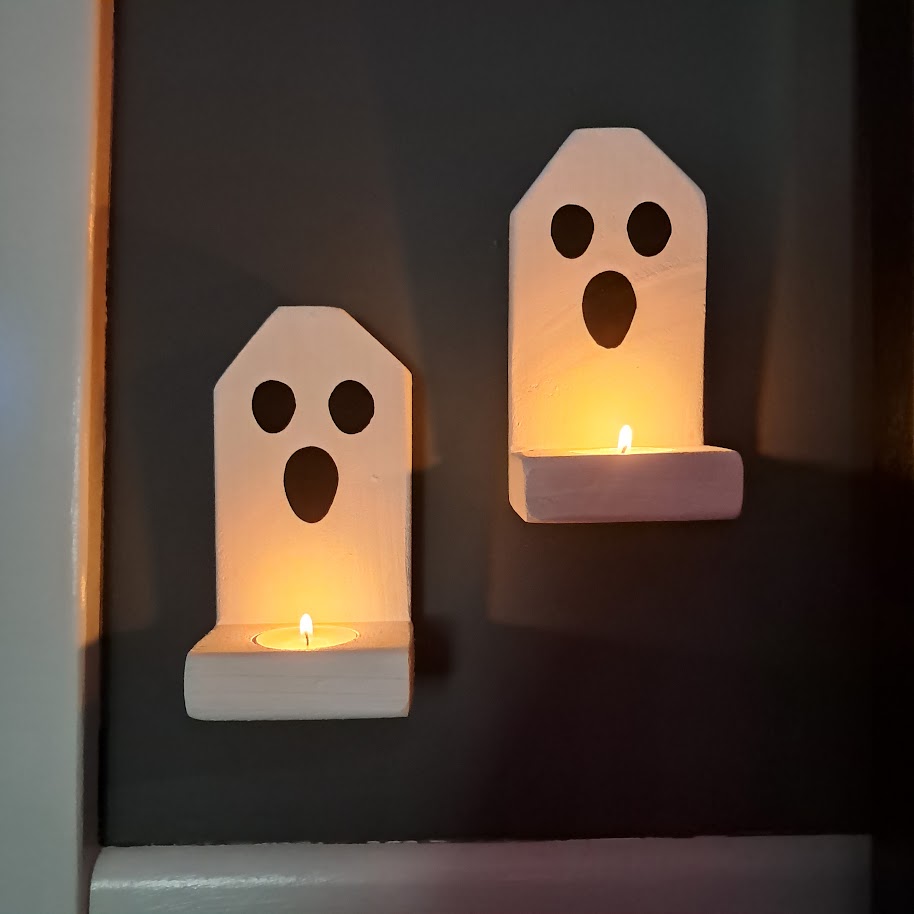 Ghost Face Farmhouse Halloween Wood Candle Holders
