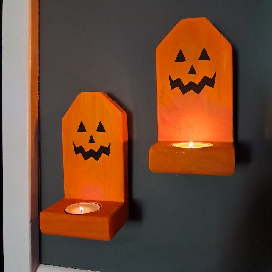 Jack O Lantern Face Wood Candle Holders
