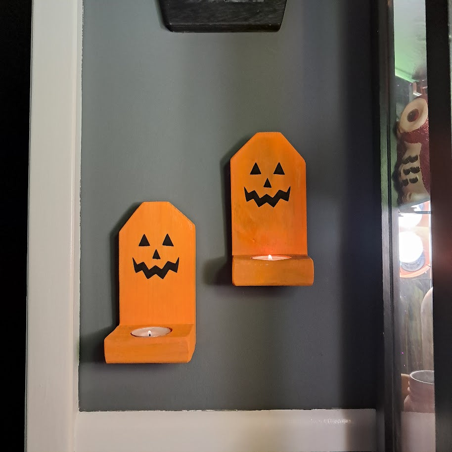 Jack O Lantern Face Wood Candle Holders