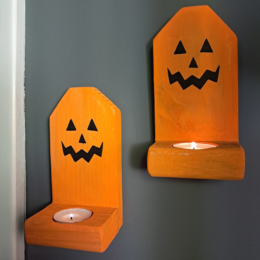 Jack O Lantern Face Wood Candle Holders