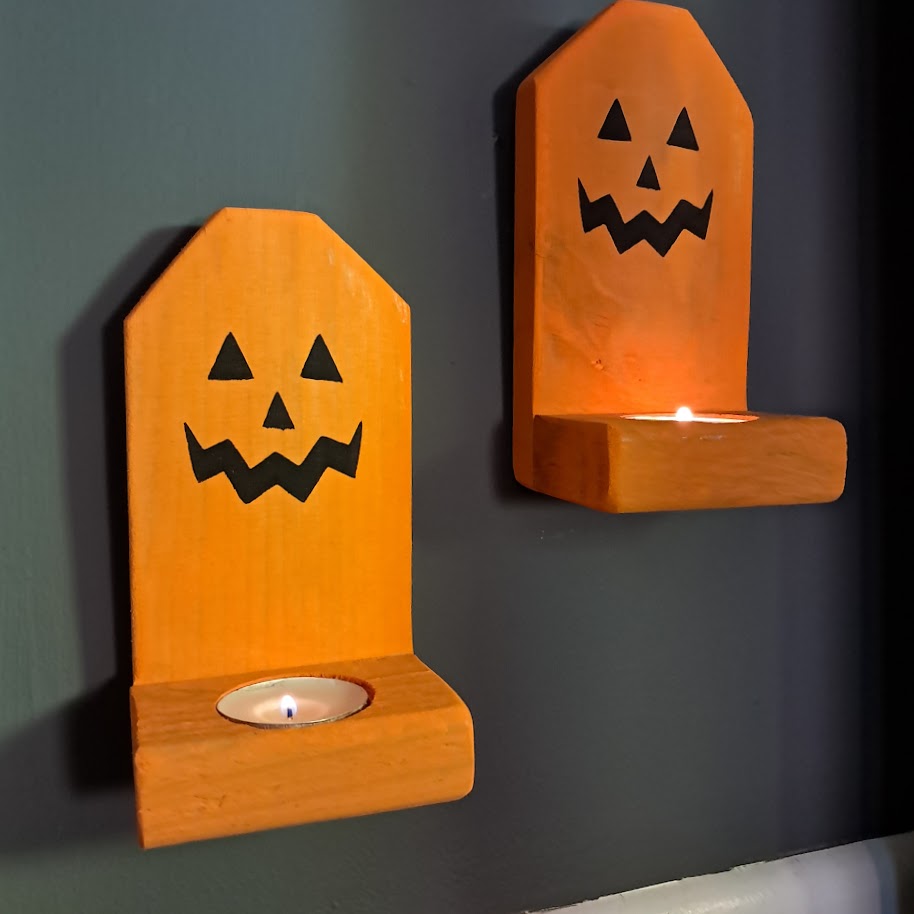 Jack O Lantern Face Wood Candle Holders
