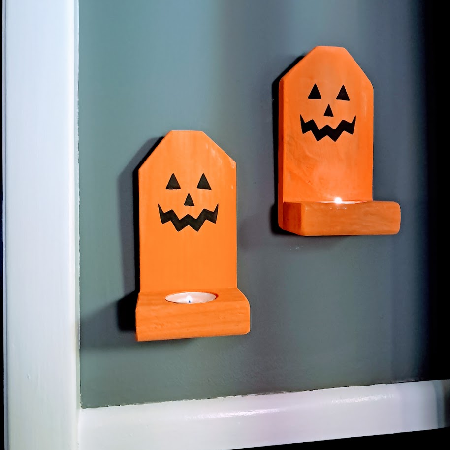 Jack O Lantern Face Wood Candle Holders