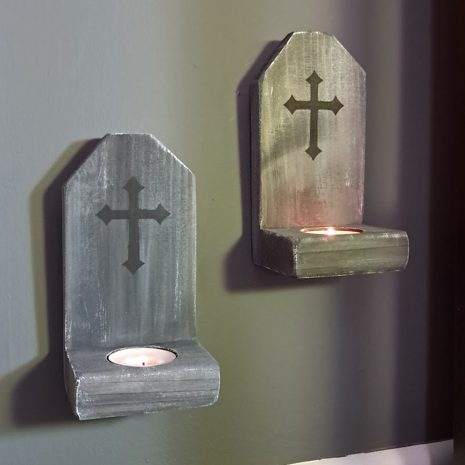 Set of 2 Halloween Tombstone Shaped Wood Candle Holders