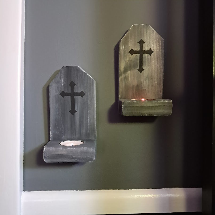 Set of 2 Halloween Tombstone Shaped Wood Candle Holders