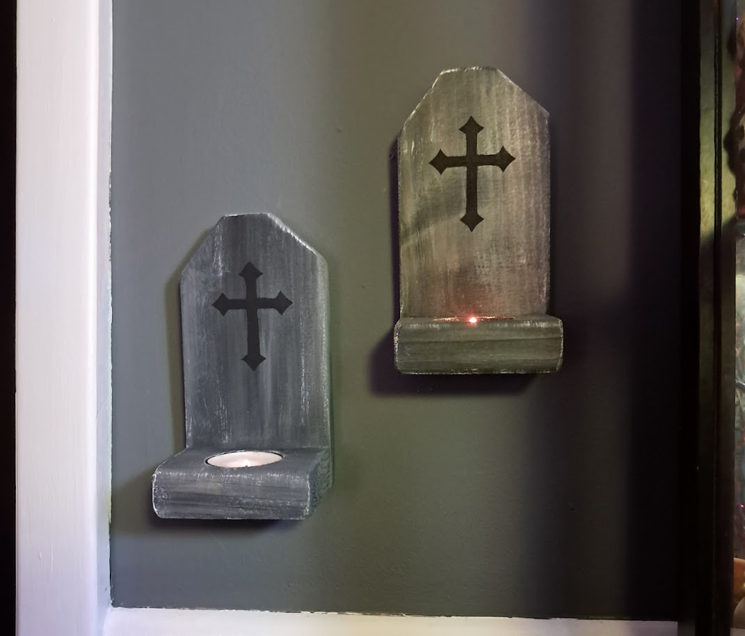 Set of 2 Halloween Tombstone Shaped Wood Candle Holders
