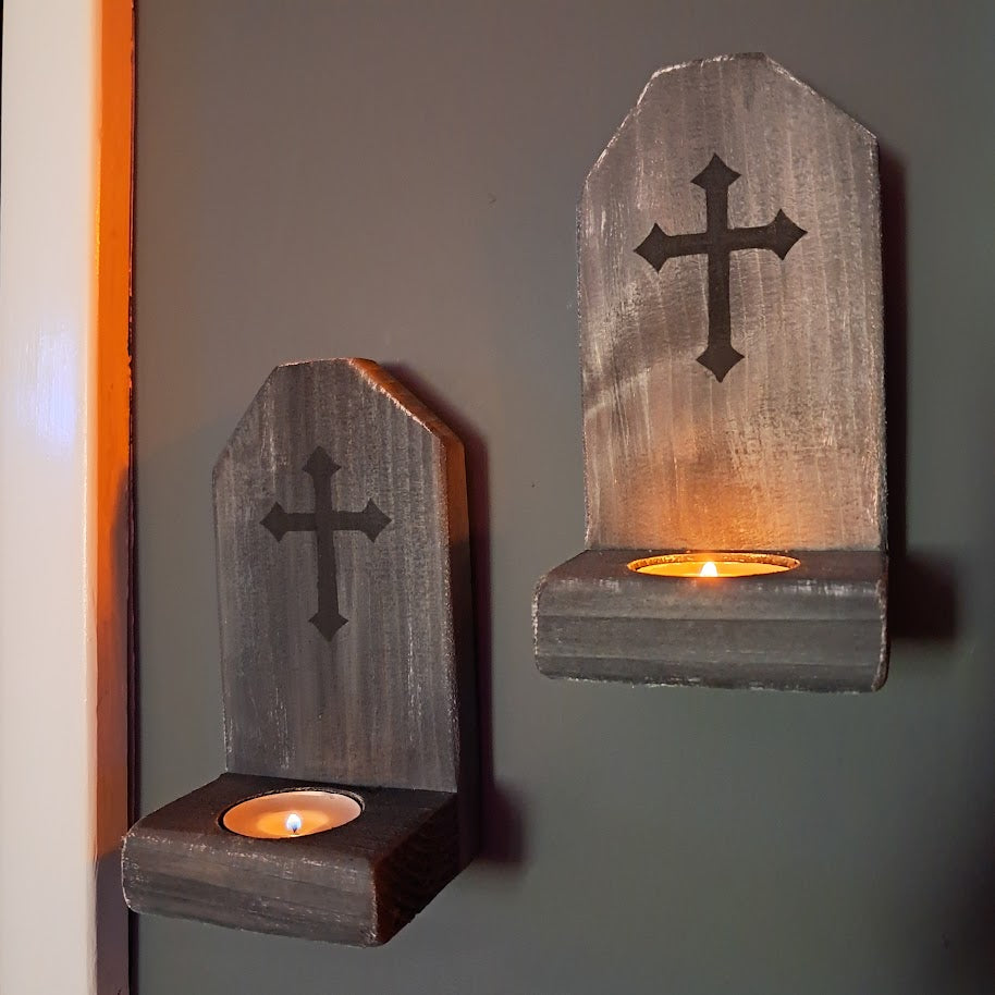 Set of 2 Halloween Tombstone Shaped Wood Candle Holders