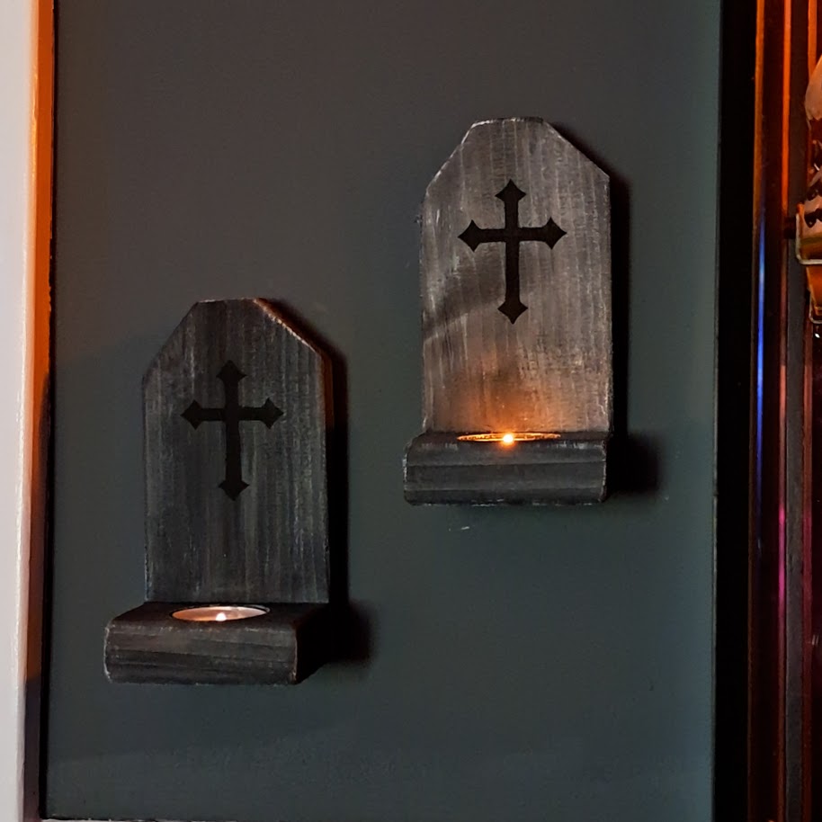 Set of 2 Halloween Tombstone Shaped Wood Candle Holders
