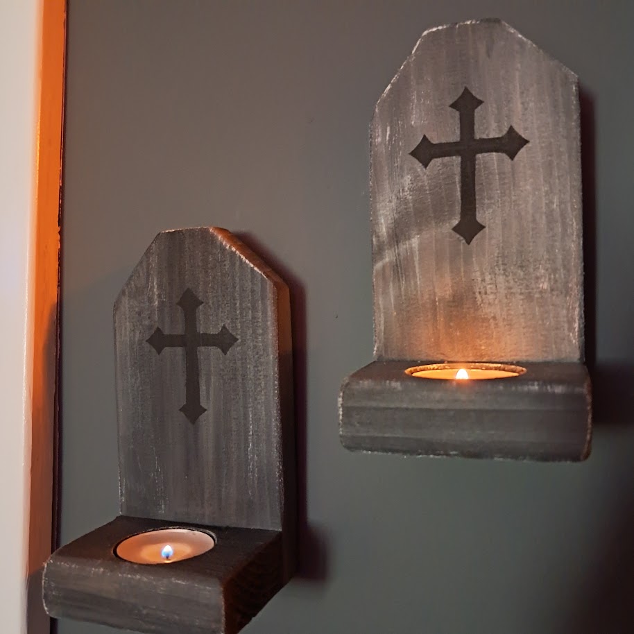 Set of 2 Halloween Tombstone Shaped Wood Candle Holders