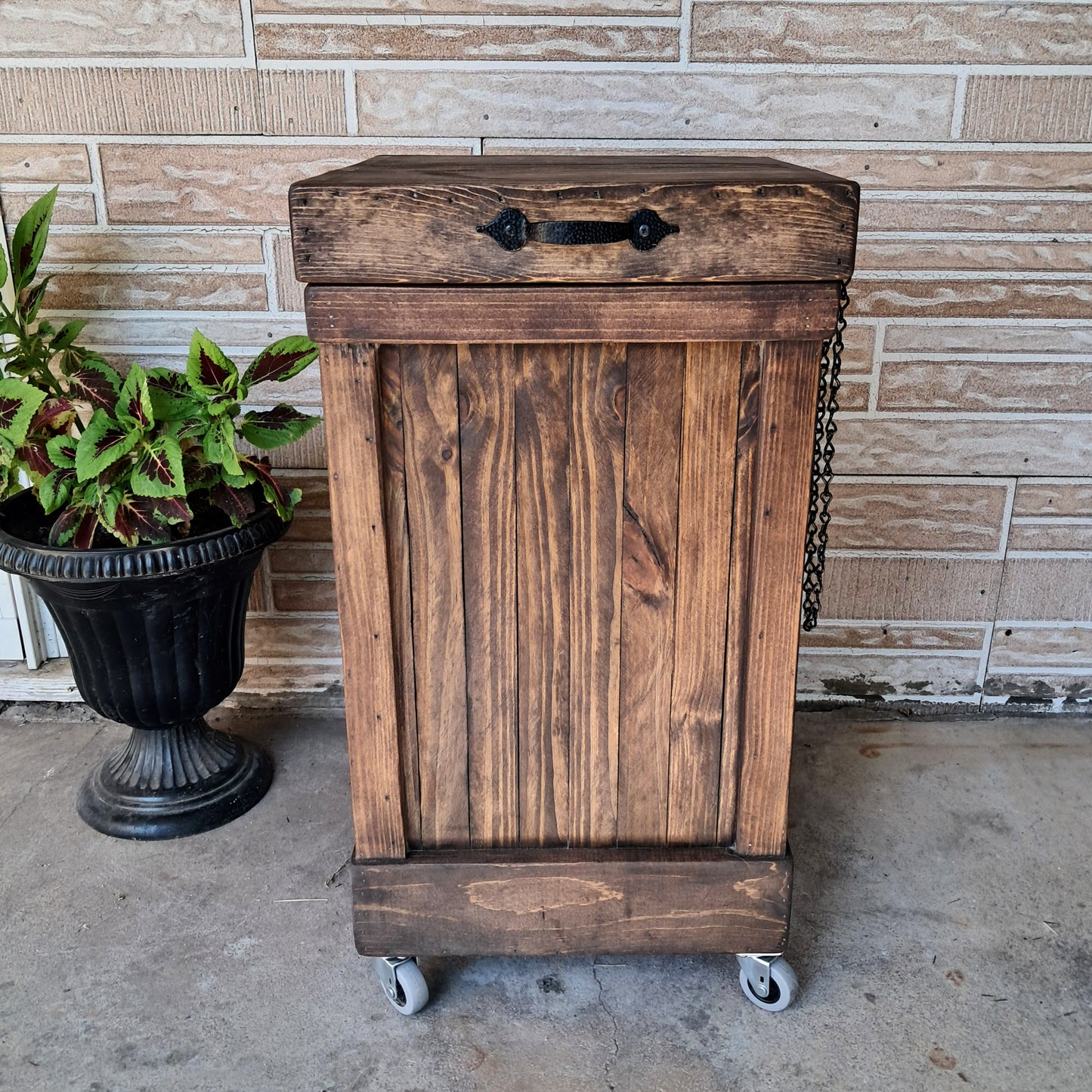 Rustic Trash Can on Wheels