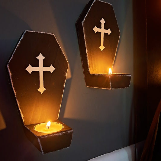 Coffin Shaped Tombstone Cross Tea Light Candle Holders