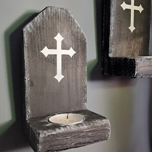 Set of 2 Halloween Tombstone Wood Candle Holders