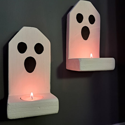 Ghost Face Farmhouse Halloween Wood Candle Holders