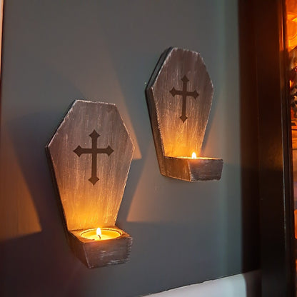 Coffin Shaped Gray Grave Tea Light Candle Holders