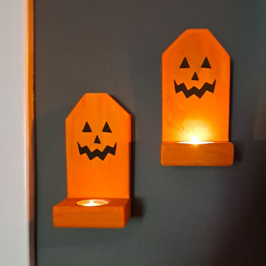 Jack O Lantern Face Wood Candle Holders