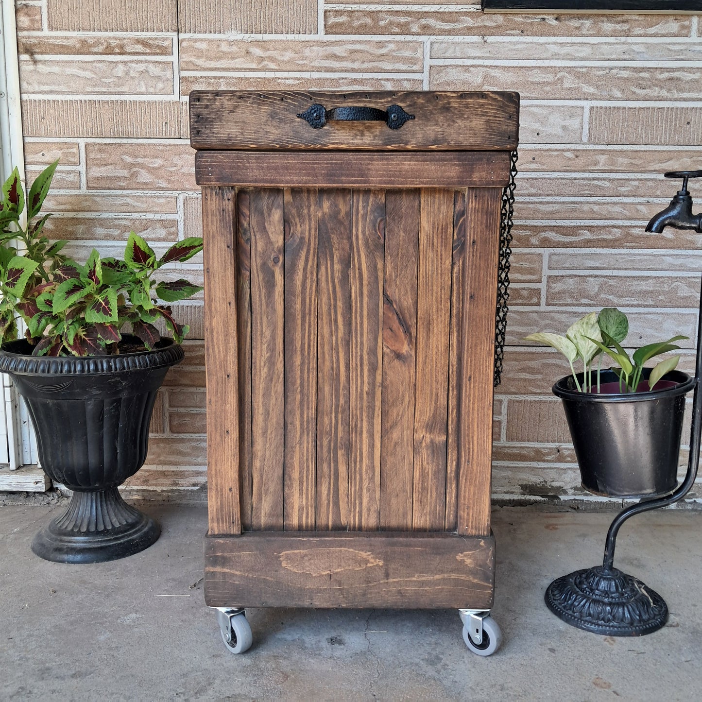 Rustic Trash Can on Wheels