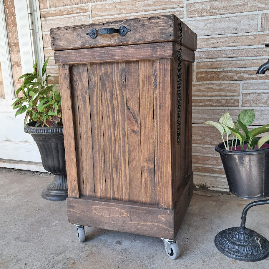 Rustic Trash Can on Wheels