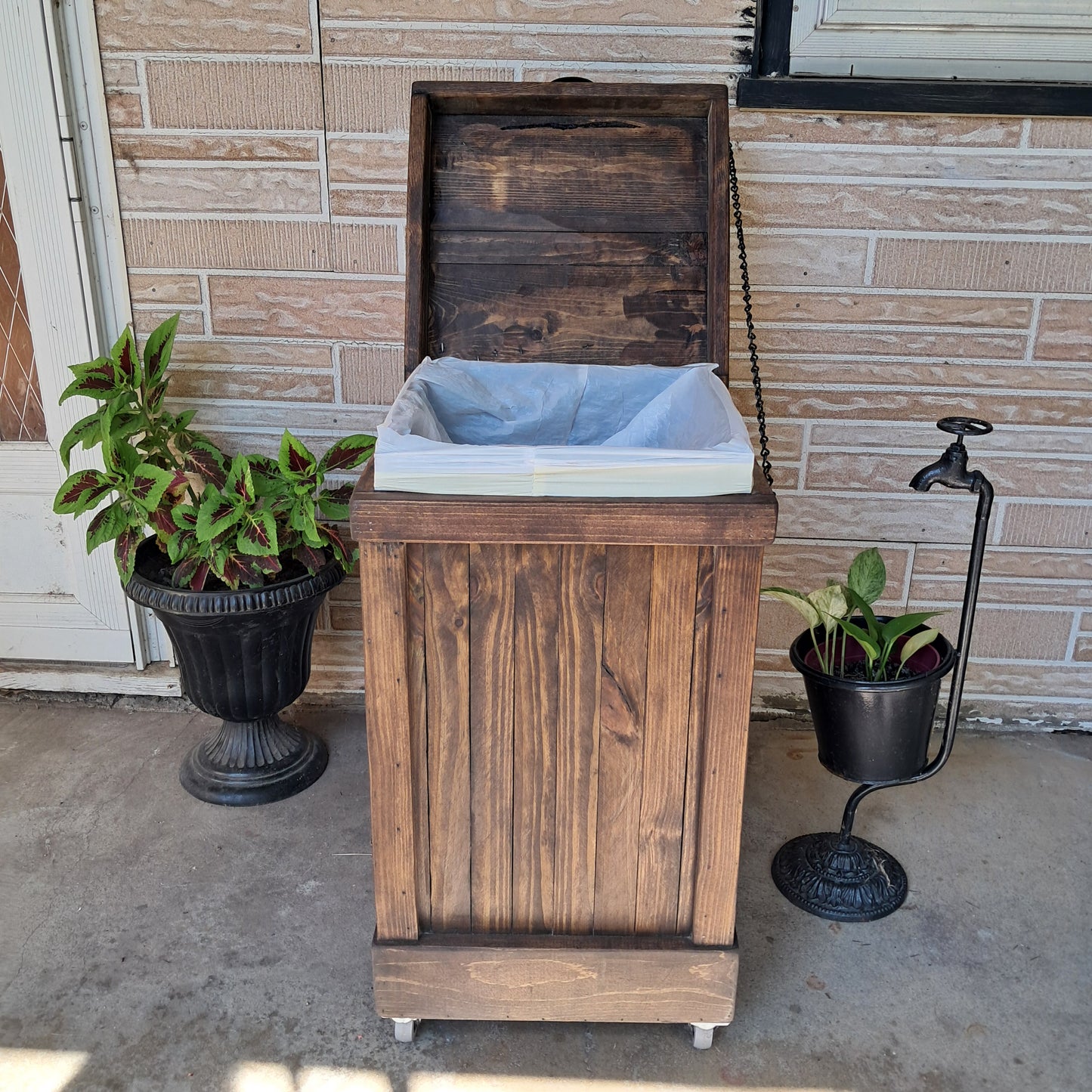 Rustic Trash Can on Wheels